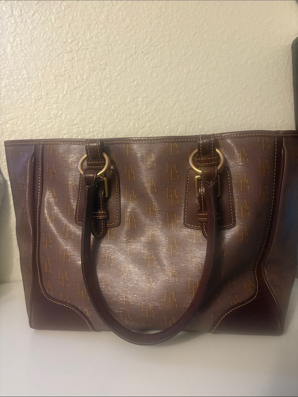 Dooney & Bourke Brown Logo Canvas and Leather Tote with dust bag